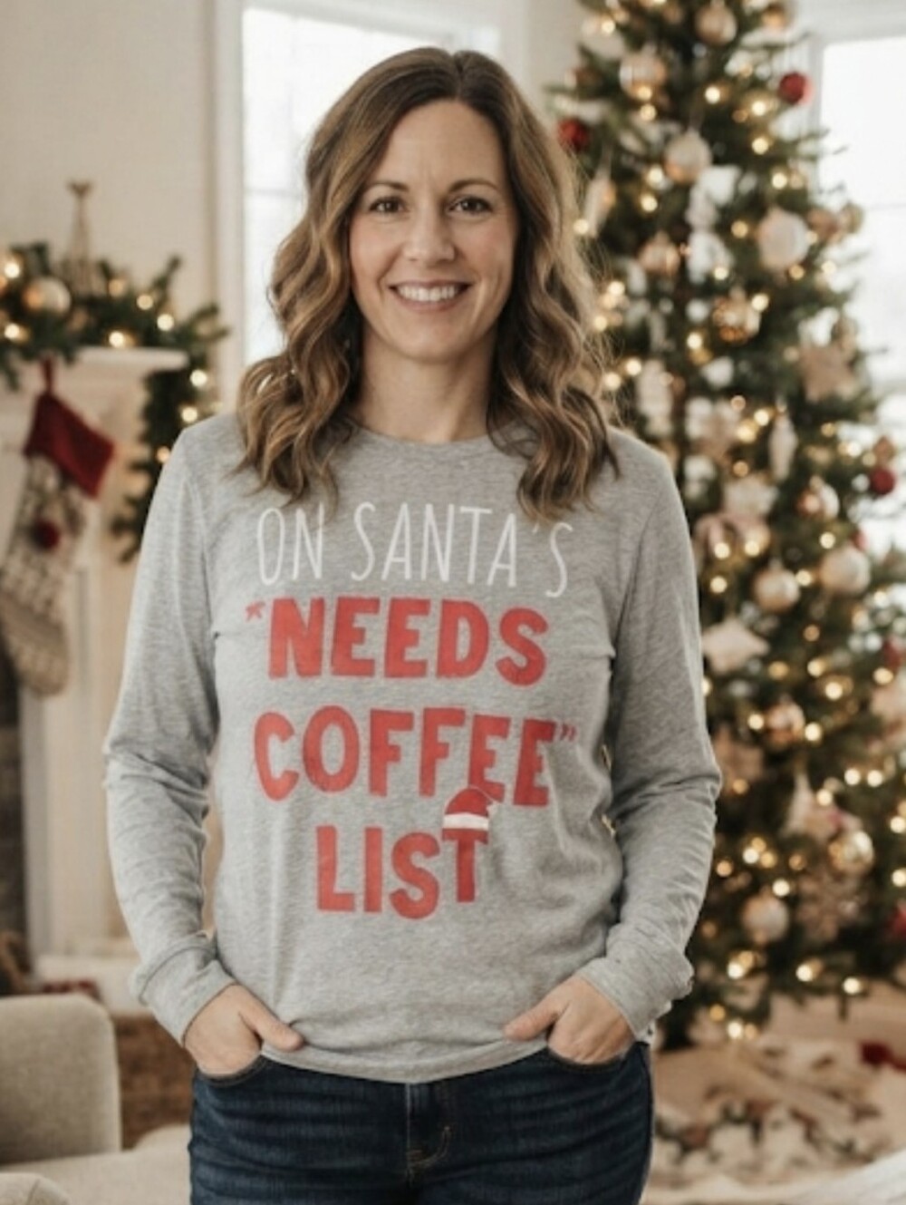 Carter's Adult XL Christmas Graphic Long Sleeve Shirt "Needs Coffee List" Gray